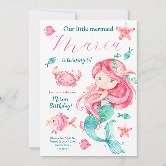 Roze Zeemeermin Pool Party Meisje Verjaardag Uitno Kaart (Voorkant)