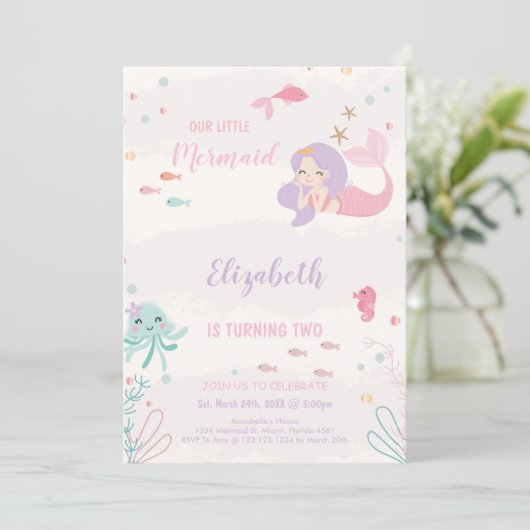  roze zeemeermin verjaardag kaart (Staand voorkant)