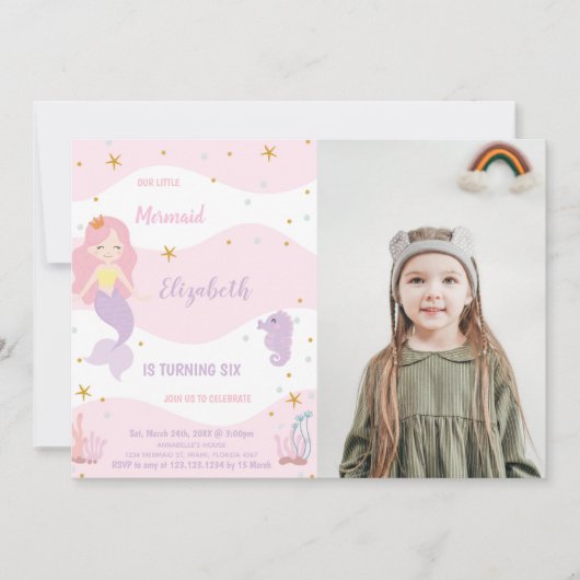 Roze Zeemeermin Verjaardag Uitnodiging met Foto (Voorkant)