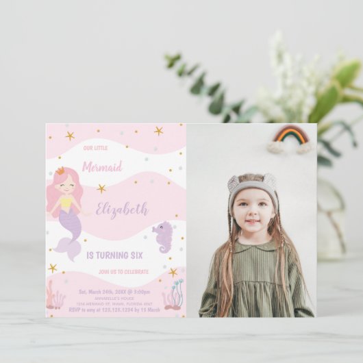 Roze Zeemeermin Verjaardag Uitnodiging met Foto (Staand voorkant)
