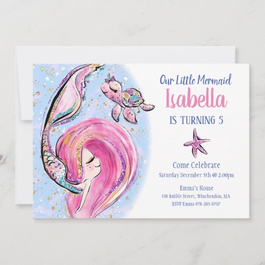 Roze Zeemeermin Verjaardagsfeest Uitnodiging (Voorkant)