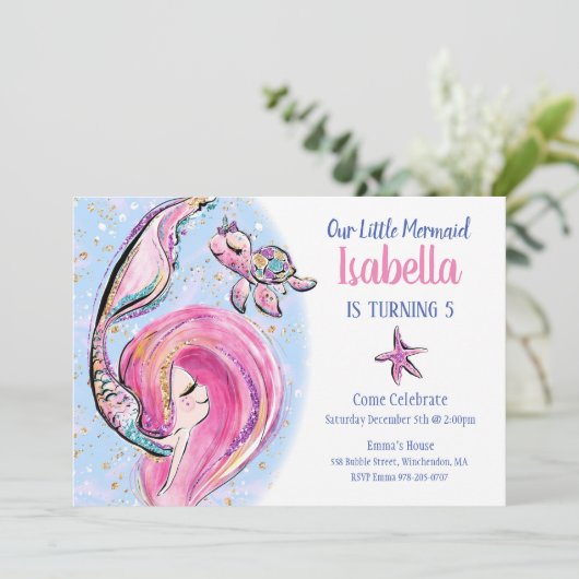 Roze Zeemeermin Verjaardagsfeest Uitnodiging (Staand voorkant)