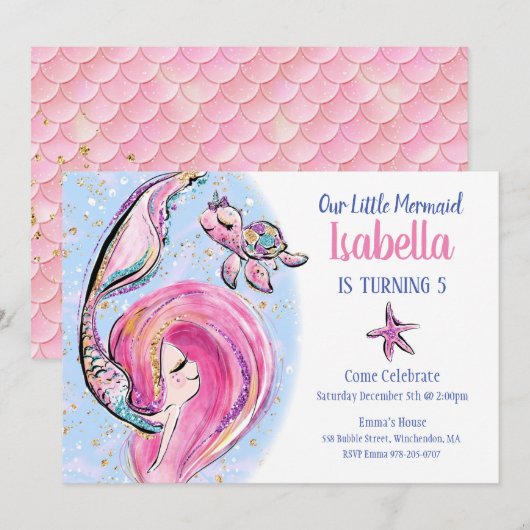 Roze Zeemeermin Verjaardagsfeest Uitnodiging (Voorkant / Achterkant)