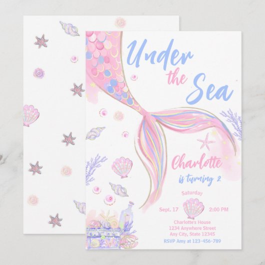 Roze Zeemeermin Verjaardagsfeestje onder het Zee Kaart (Voorkant / Achterkant)