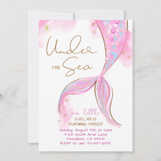 Roze Zeemeermin Verjaardagsfeestje onder het Zee Z Kaart (Voorkant)