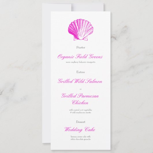 Roze Zeeschelp Huwelijksreceptie Diner Menu Kaart (Voorkant)
