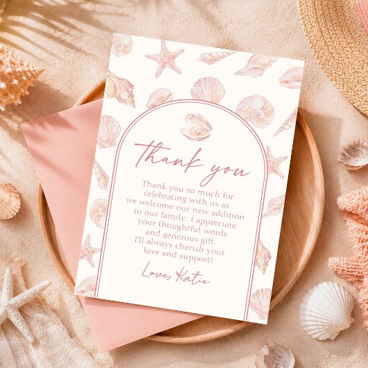 Roze Zeeschelp Kust Baby Shower Bedankkaart