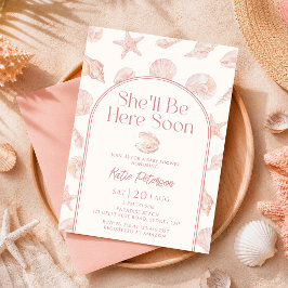 Roze Zeeschelp Ze Zal Hier Zijn Baby Shower Kaart