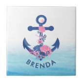 Roze zeeschelpen marineblauw nautisch anker tegeltje (Voorkant)