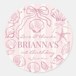 Roze zeeschelpen preppy strandmeisjes verjaardag f ronde sticker