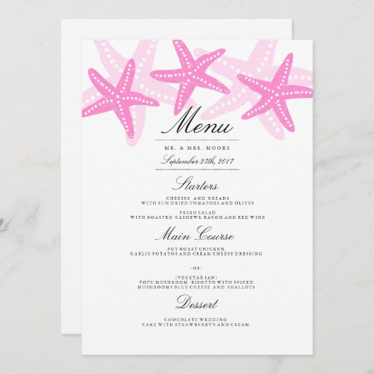 Roze Zeester Strand Bruiloft Diner Menu (Voorkant / Achterkant)
