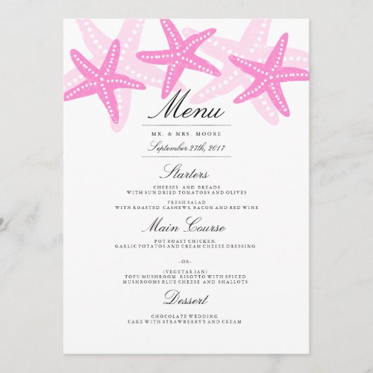 Roze Zeester Strand Bruiloft Diner Menu (Voorkant)