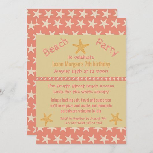Roze Zeesterren Strand - Uitnodiging voor verjaard (Voorkant / Achterkant)