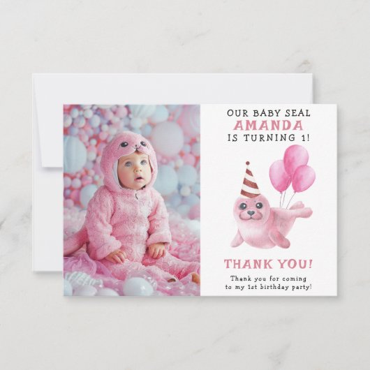 Roze zegel 1e verjaardag onder het Zee Bedankkaart (Voorkant)