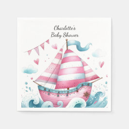 Roze zeilboot maritieme baby shower papieren serve servet