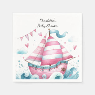 Roze zeilboot maritieme baby shower papieren serve servet