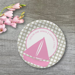Roze Zeilboot Meisje Nautisch Baby shower Papieren Bordje