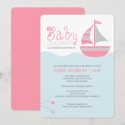 Roze Zeilboot Nautisch Meisje Baby shower Uitnodig Kaart (Voorkant / Achterkant)