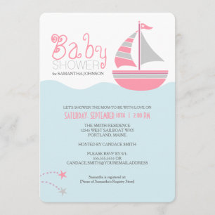 Roze Zeilboot Nautisch Meisje Baby shower Uitnodig Kaart