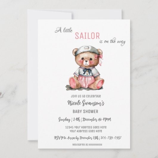 Roze Zeiler Nautisch Beer Baby shower Uitnodiging (Voorkant)