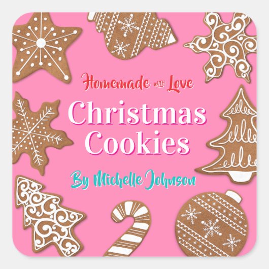 Roze zelfgemaakte kerstkoekjes vierkante sticker (Voorkant)