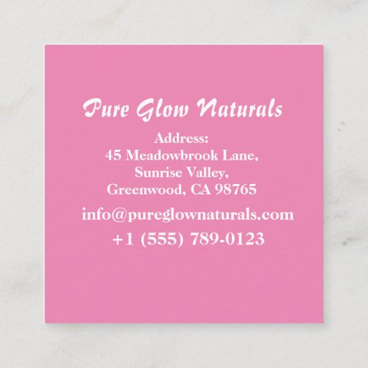 Roze zelfgemaakte organische natuurlijke huidverzo vierkante visitekaartje (Achterkant)