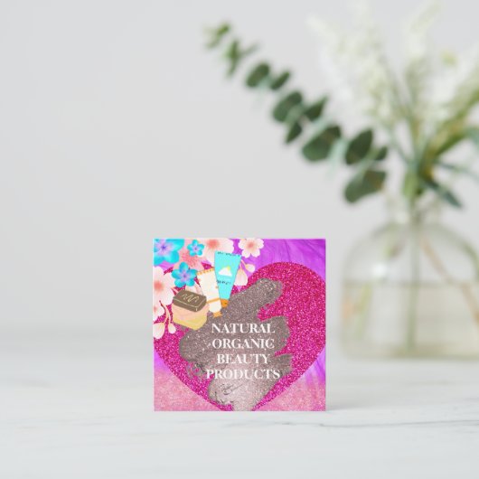 Roze zelfgemaakte organische natuurlijke huidverzo vierkante visitekaartje (Staand voorkant)