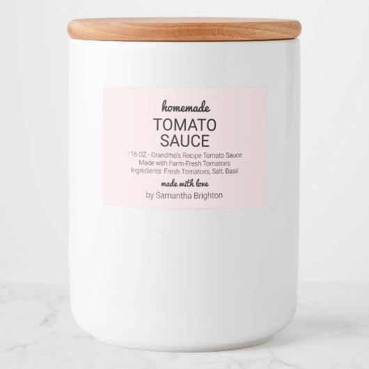 Roze zelfgemaakte tomatensaus voedselcontainer etiket (Voorkant)
