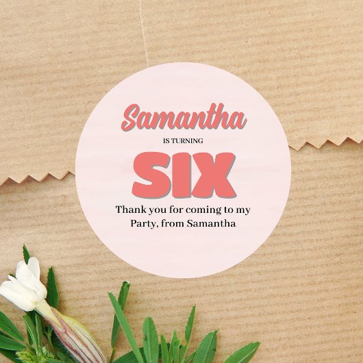 Roze Zesde Verjaardag Meisje Party Bloemen Ronde Sticker