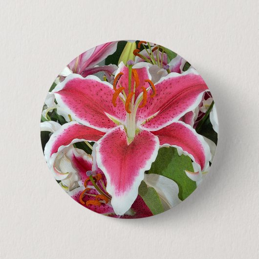 Roze zetmeellierbloemen ronde button 5,7 cm (Voorkant)