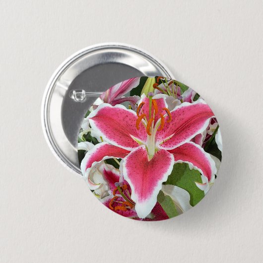 Roze zetmeellierbloemen ronde button 5,7 cm (Voorkant /achterkant)