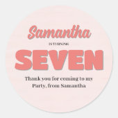 Roze Zevende Verjaardag Meisje Party Bloemen Ronde Sticker (Voorkant)