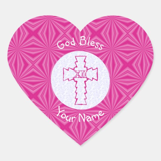 Roze Zig Zag Christelijk Kruis op Wit Roze Naam Hart Sticker (Voorkant)