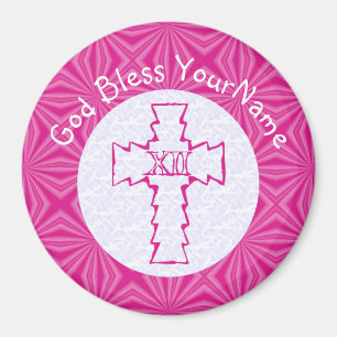 Roze Zig Zag Kruis op Wit en Helder Roze Magneet
