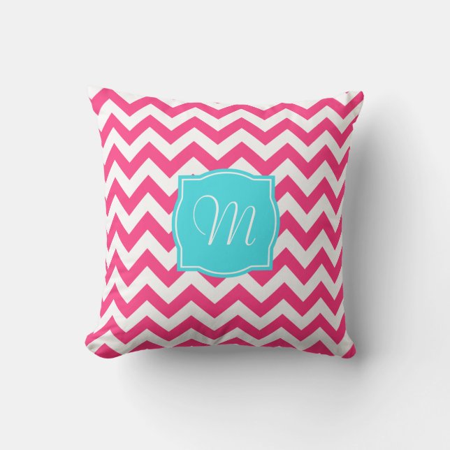 Roze Zigzag- en Turquoise-monogram Kussen (Voorkant)