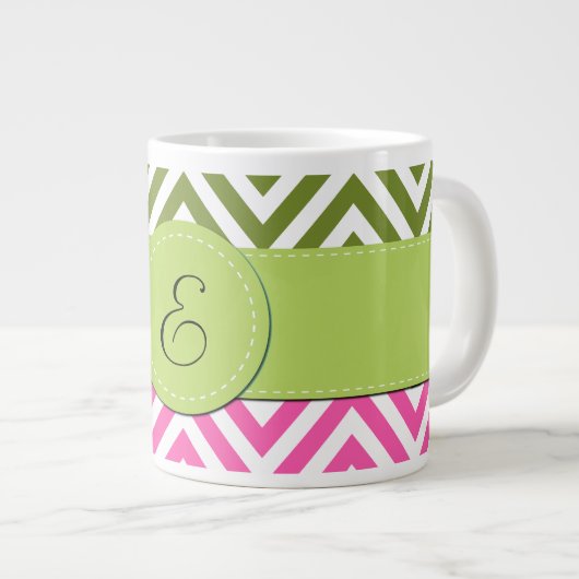 Roze zigzag, Groene Zigzag, Chevron, Monogram Grote Koffiekop (Voorkant rechts)