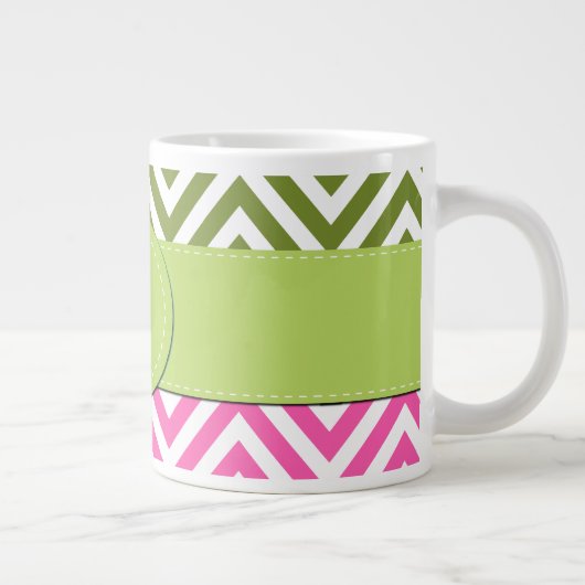 Roze zigzag, Groene Zigzag, Chevron, Monogram Grote Koffiekop (Rechts)