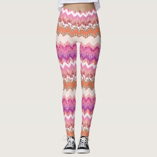 Roze zigzagachtergrond leggings (Voorkant)