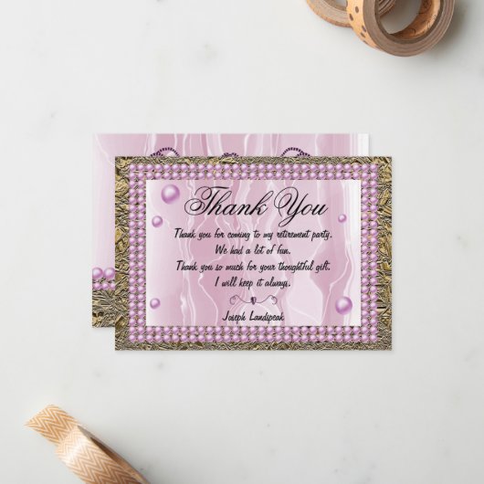 Roze zijde, roze parels en goudolie Dank u wel Notitiekaartje (Voorkant / Achterkant in situ)