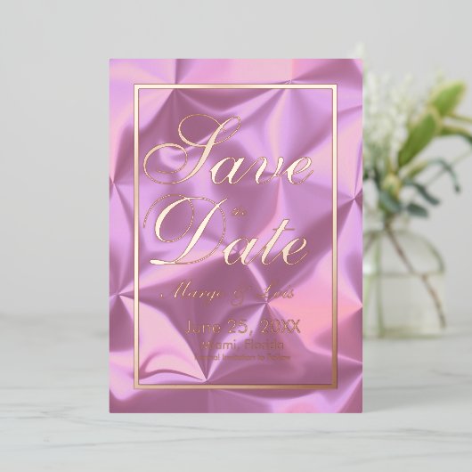 Roze Zijde Save the Date Goud Gedrukt Folie Uitnodiging (Staand Voorkant)