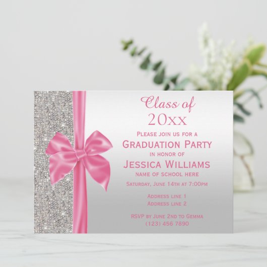  roze zijden strik & zilveren pailletten Afstudere Kaart (Staand voorkant)