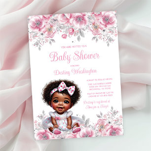 Roze Zilver Afro Meisje Baby Shower Kaart