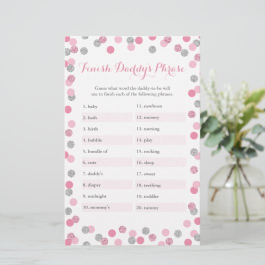 Roze zilver Baby shower Afwerking Phrase Game (Staand voorkant)