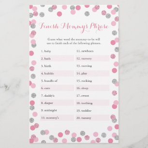 Roze zilver Baby shower Voltooi het Phrase Game va