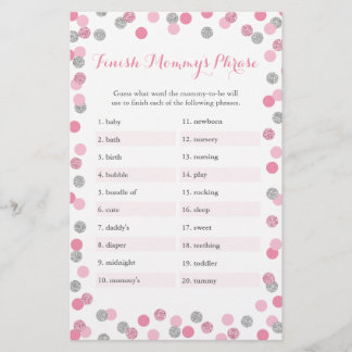 Roze zilver Baby shower Voltooi het Phrase Game va