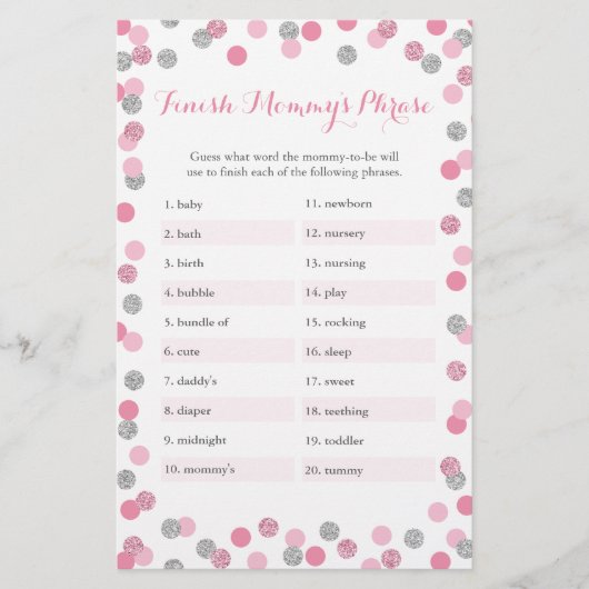 Roze zilver Baby shower Voltooi het Phrase Game va (Voorkant)