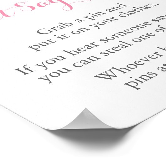 Roze Zilver Baby shower Zeg niet dat het Baby-spel Poster (Hoek)