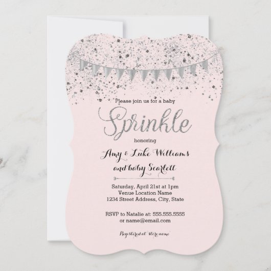 Roze Zilver Baby Sprinkle Meisje Douche Invite Kaart (Voorkant)