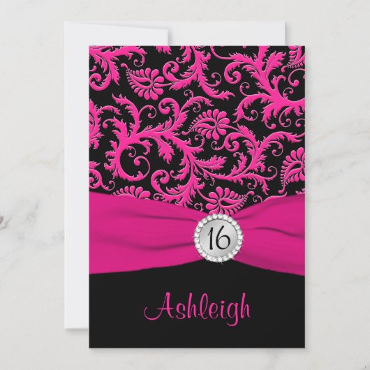 Roze, zilver, Black Damask Sweet 16 Invitation Kaart (Voorkant)