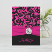 Roze, zilver, Black Damask Sweet 16 Invitation Kaart (Staand voorkant)